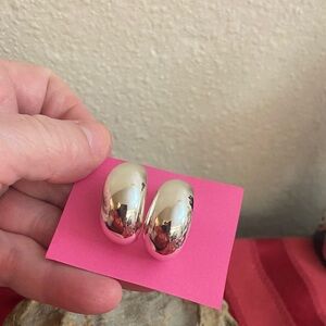 Vintage 90s Shiny Silver Tone Zinc Alloy Oval Hoop Post Earrings